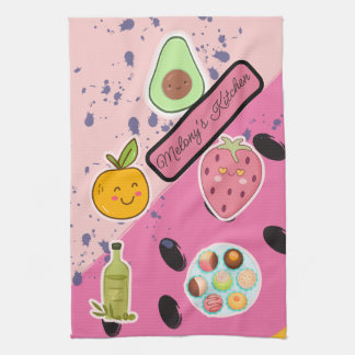 Cute pink girly Fruit and Dessert illustration Tea Towel