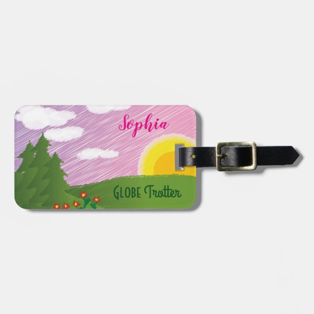 Cute Pink Girly Globe Trotter Travel Luggage Tag (Front Horizontal)