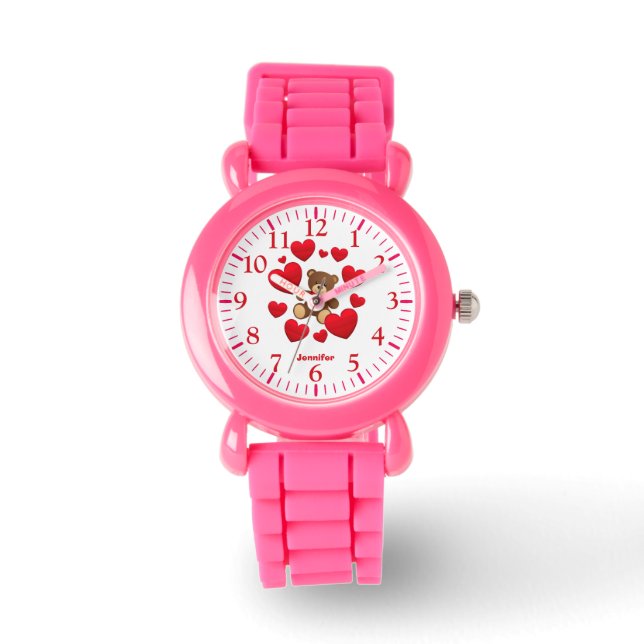 Cute pink girly hearts, and teddy bear name kids watch (Front)