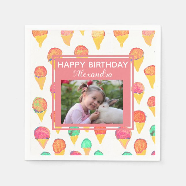 Cute Pink Girly Ice Cream Birthday Party Photo Napkin (Front)