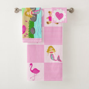 Cute Pink Girly Mermaid Colourful Rainbow Bath Towel Set