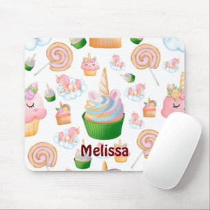 Cute Pink Girly Name Cupcake Unicorn Pattern Mouse Mat