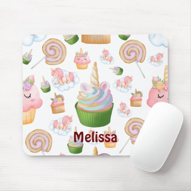 Cute Pink Girly Name Cupcake Unicorn Pattern Mouse Mat (With Mouse)