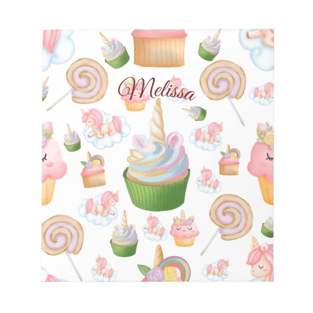 Cute Pink Girly Name Cupcake Unicorn Pattern  Notepad (Front)