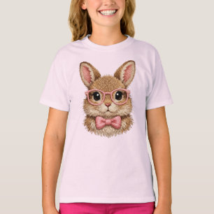 Cute Pink Glasses Bunny   Rabbit Embroidery Look - T-Shirt