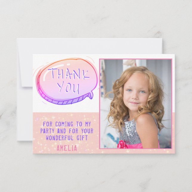 Cute Pink Glitter Birthday Thank you Photo Card (Front)