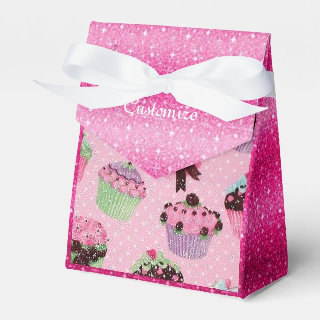 Cute Pink Glitter Cupcake Favour Box (Front Side)