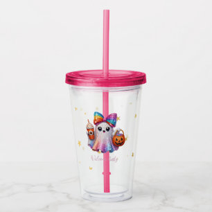 Cute Pink Glitter Ghost with Bow Halloween Acrylic Tumbler