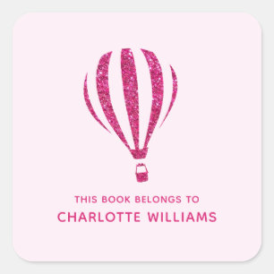 Cute Pink Glitter Hot baloon Back to School Kids Square Sticker