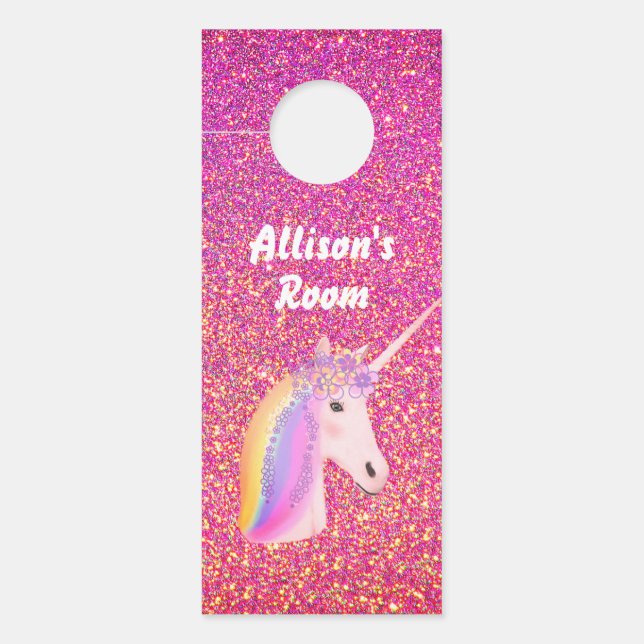 Cute Pink Glitter Unicorn Personalised Kids Door Hanger (Front)