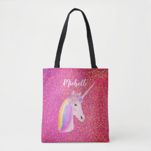 Cute Pink Glitter Unicorn Personalised Name Tote Bag