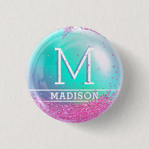 Cute Pink Glitters on Light Blue Personalised name 3 Cm Round Badge