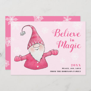 Cute Pink Gnome Believe in Magic Christmas Holiday Card