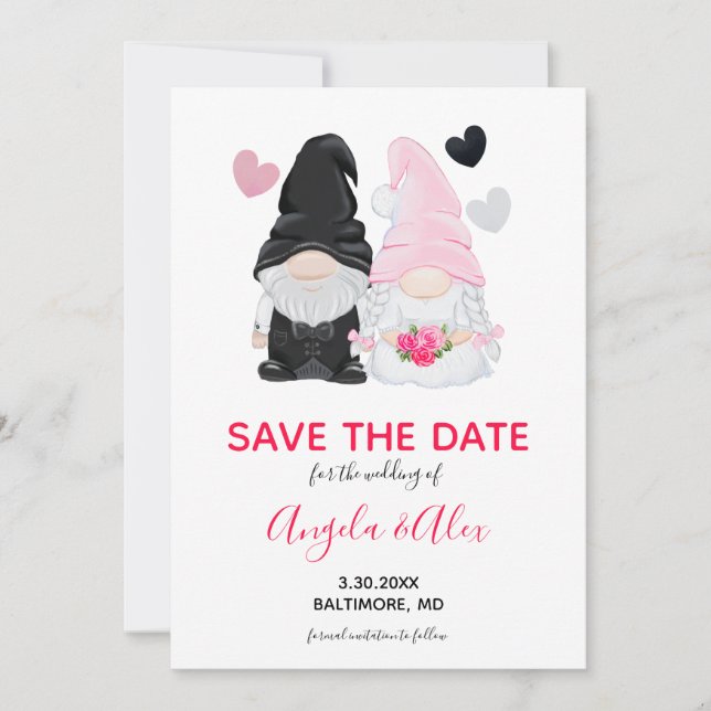 Cute Pink Gnome Bride and Groom Wedding Save The Date (Front)