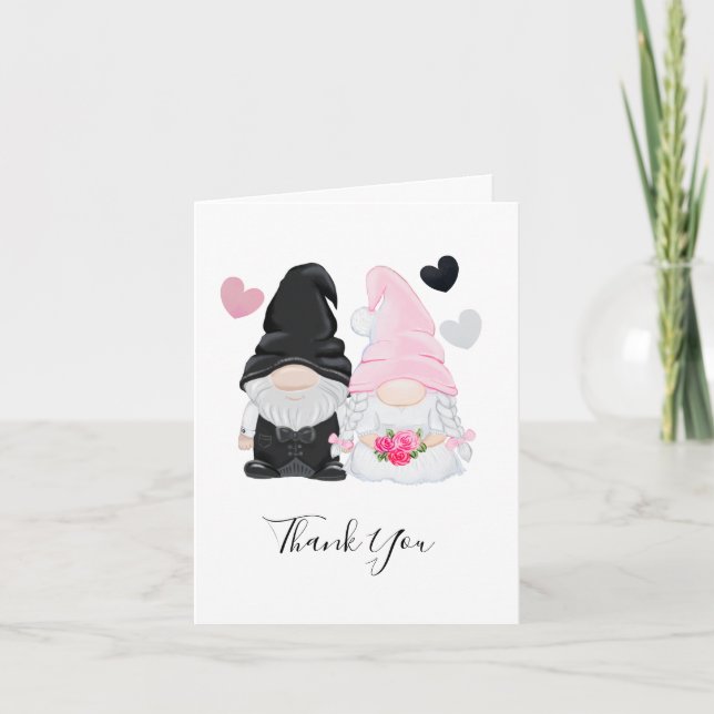 Cute Pink Gnome Bride and Groom Wedding Thank You Card (Front)
