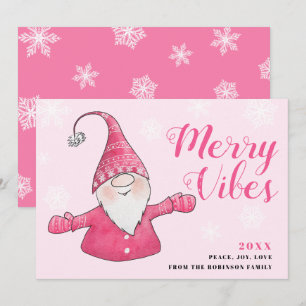 Cute Pink Gnome Merry Vibes Christmas Holiday Card