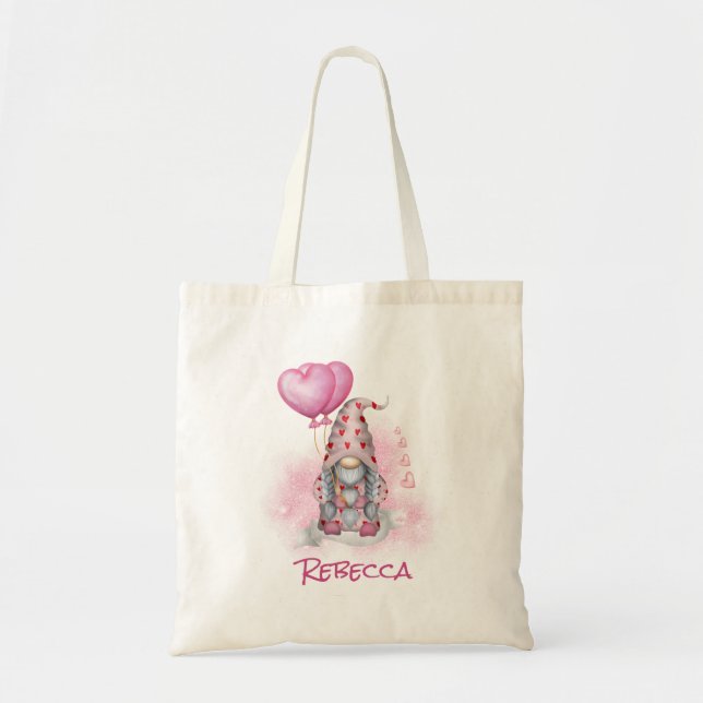 Cute Pink Gnome Valentine Personlised Tote Bag (Front)