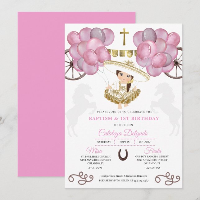 Cute Pink Gold Baby Charra Dress Balloons Baptism Invitation (Front/Back)