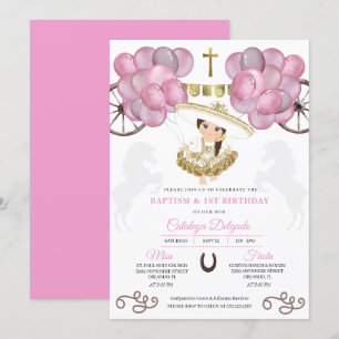 Cute Pink Gold Baby Charra Dress Balloons Baptism Invitation