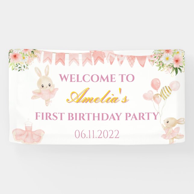 Cute pink & gold ballerina birthday party banner (Horizontal)