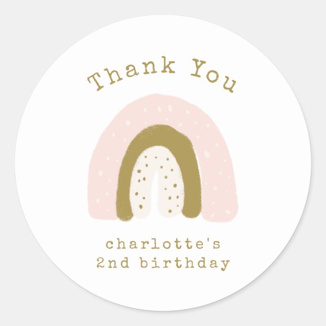 Cute Pink Gold Boho Rainbow Birthday Thank You Classic Round Sticker (Front)