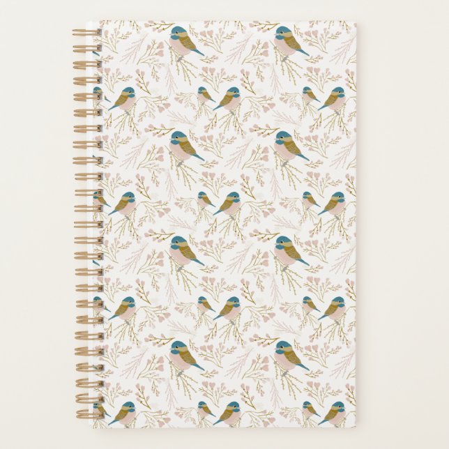 Cute Pink Gold Chickadee Bird Floral Hearts Planner (Front)