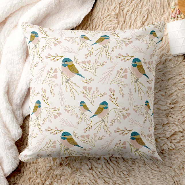 Cute Pink Gold Chickadee Bird Floral Hearts Print  Cushion (Cute Pink Gold Chickadee Bird Floral Hearts Print Throw Pillow from Studio Posies. )