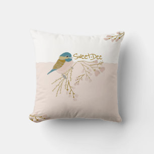 Cute Pink Gold Chickadee Bird Floral Hearts Print  Cushion