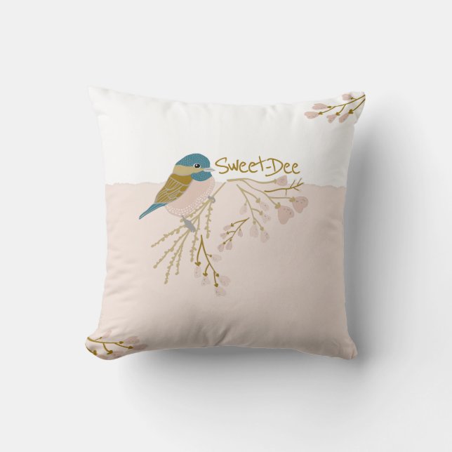 Cute Pink Gold Chickadee Bird Floral Hearts Print  Cushion (Front)
