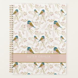 Cute Pink Gold Chickadee Bird Floral Name Planner