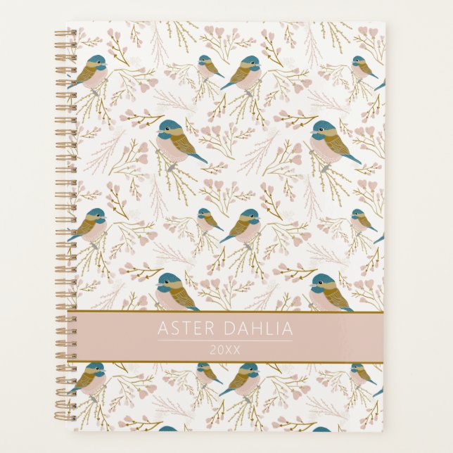 Cute Pink Gold Chickadee Bird Floral Name Planner (Front)