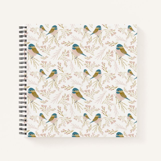 Cute  Pink Gold Chickadee Bird Floral Print Notebook (Front)