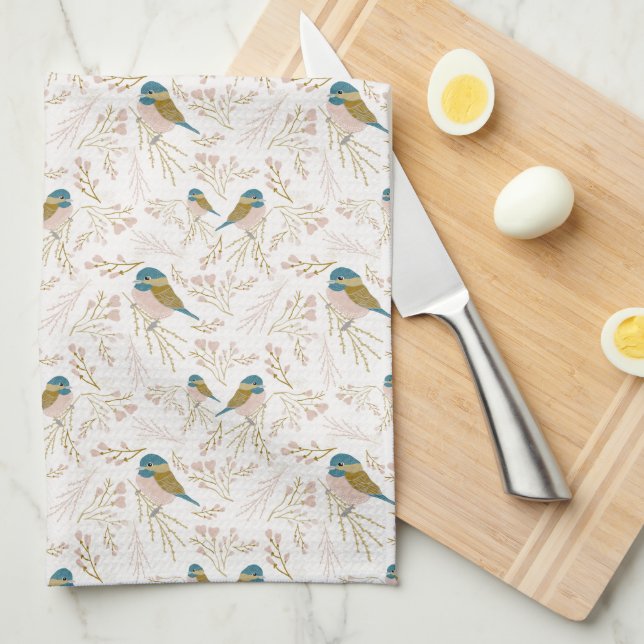 Cute Pink Gold Chickadee Floral Hearts Tea Towel (Quarter Fold)