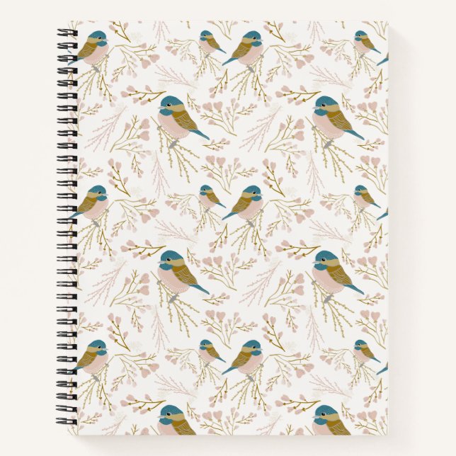 Cute Pink Gold Chickadee Floral Print Notebook (Front)
