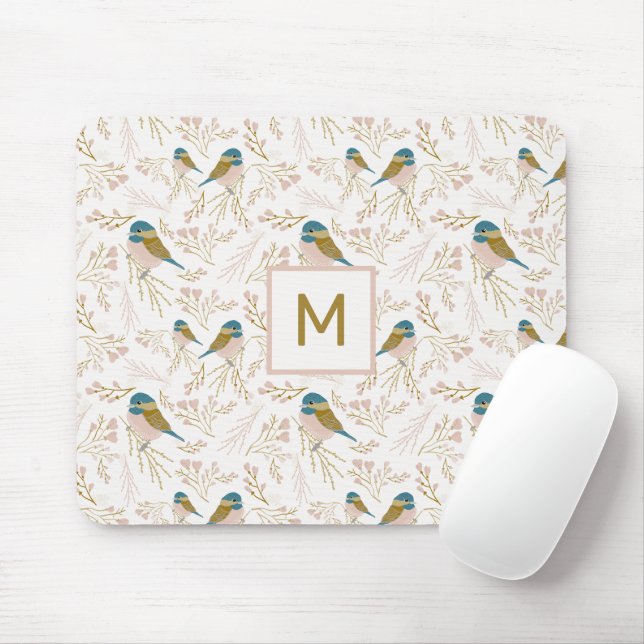 Cute Pink Gold Chickadee Hearts Floral Initial Mouse Mat (With Mouse)