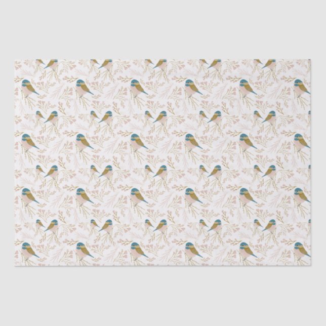 Cute Pink Gold Chickadee Hearts Floral Print Tissue Paper (Front)