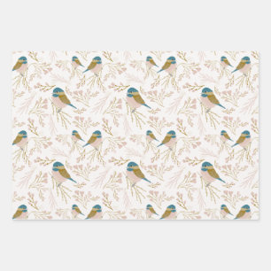 Cute Pink Gold Chickadee Hearts Floral Print Wrapping Paper Sheet