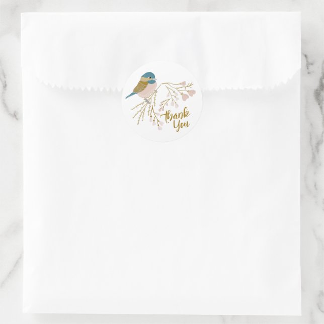 Cute Pink Gold Chickadee Thank You Classic Round Sticker (Bag)