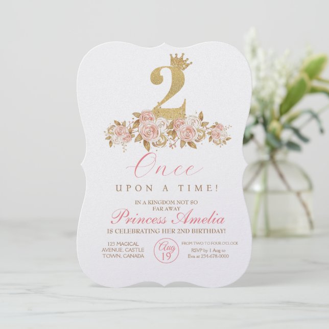 Cute Pink Gold Crown Princess 2nd Birthday Party Invitation (Standing Front)