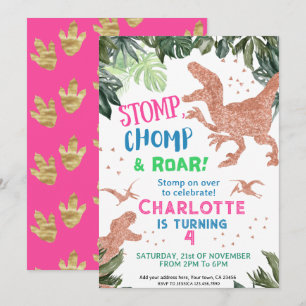 Cute Pink Gold Dinosaur Birthday Party Invitation