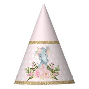 Cute Pink Gold Elephant 1st Birthday Favours Party Hat