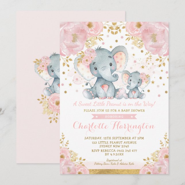 Cute Pink & Gold Elephant Girl Baby Shower Invitation (Front/Back)