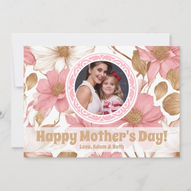 Cute Pink Gold Floral Photo Mothers Day Card (Front)