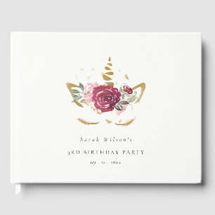 Cute Pink Gold Floral Unicorn Any Age Birthday Guest Book