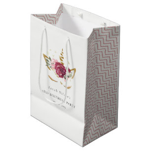 Cute Pink Gold Floral Unicorn Any Age Birthday Medium Gift Bag