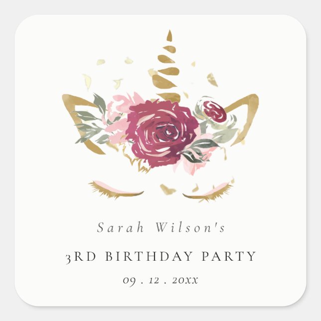 Cute Pink Gold Floral Unicorn Any Age Birthday Square Sticker (Front)