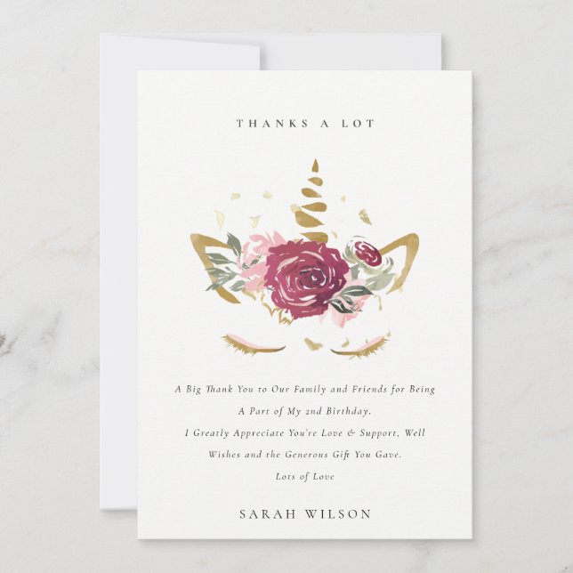 Cute Pink Gold Floral Unicorn Any Age Birthday Thank You Card (Front)