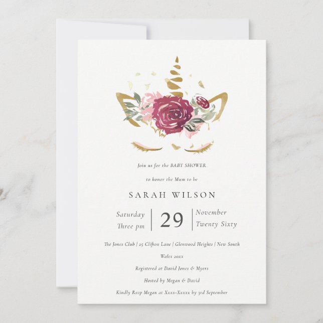 Cute Pink Gold Floral Unicorn Baby Shower Invite (Front)