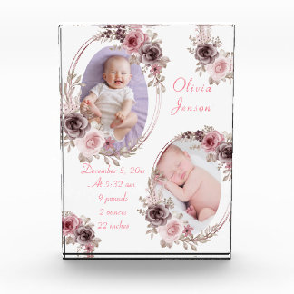 Cute Pink Gold Floral Watercolor Baby Girl Photo Block