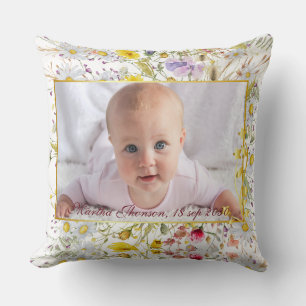 Cute Pink gold Floral Watercolor Baby Girl Photo Cushion